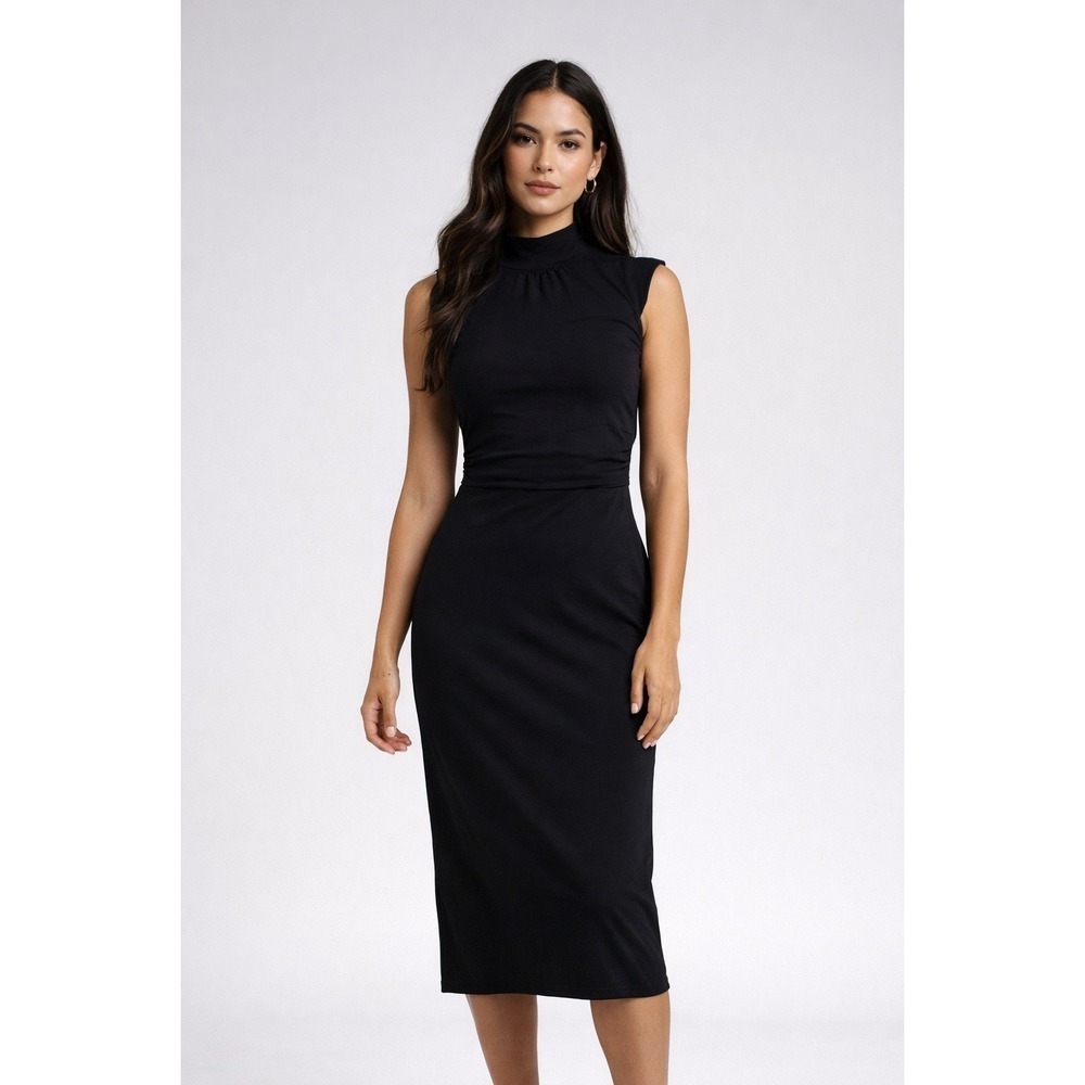Marciano Dress Womens Medium Black Mesh Mock Neck Open Back Midi Chic